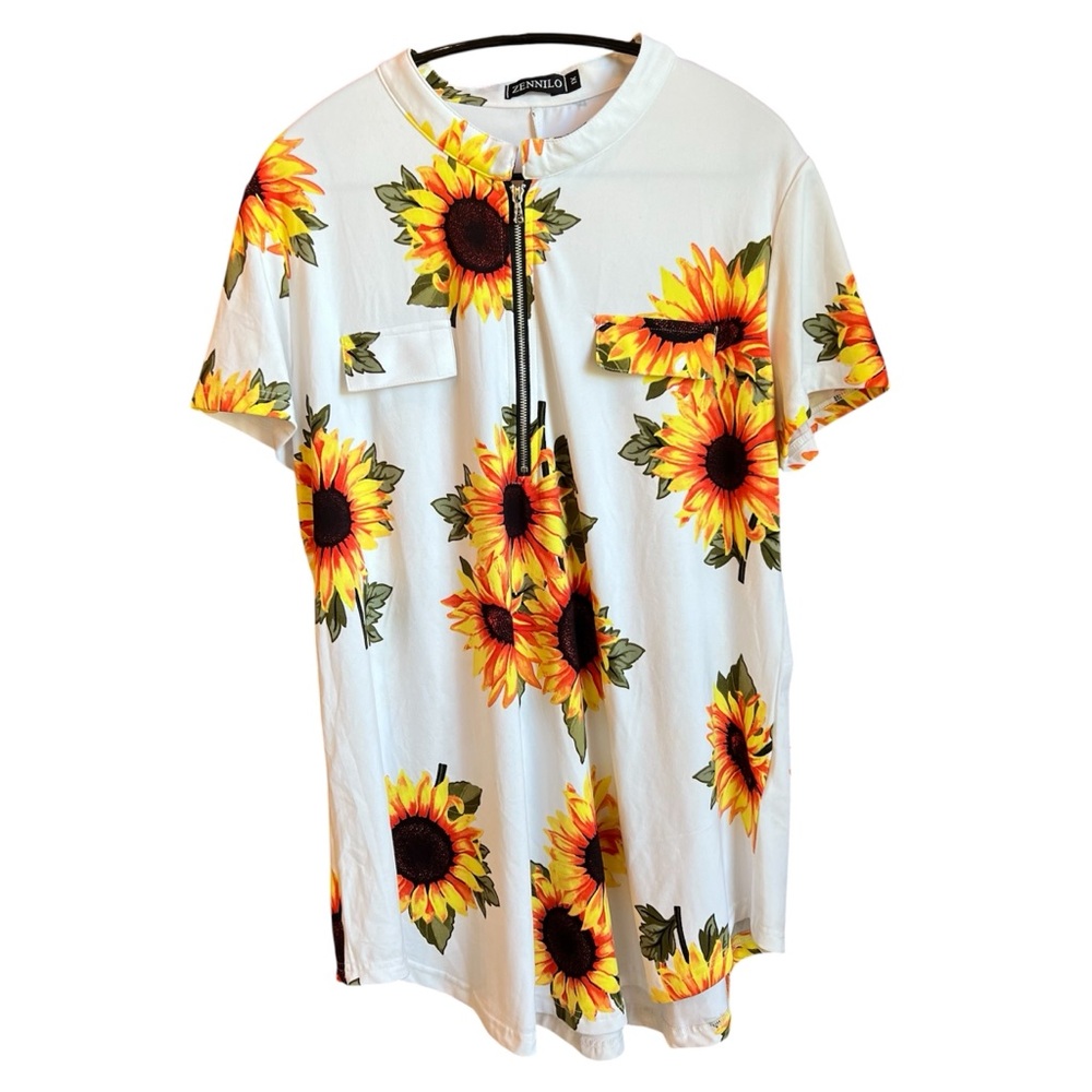 ZENILLO Womens 1X Sunflower V Neck Zip Short Sleeve Fake Pockets Tunic Bright